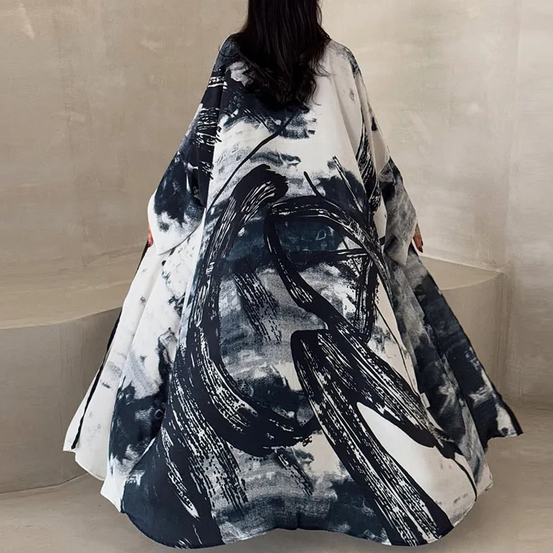 Outono inverno manga longa jaqueta feminina estilo oriente médio impresso chiffon casaco muçulmano moda feminina decote em v solto longo topo cardigan