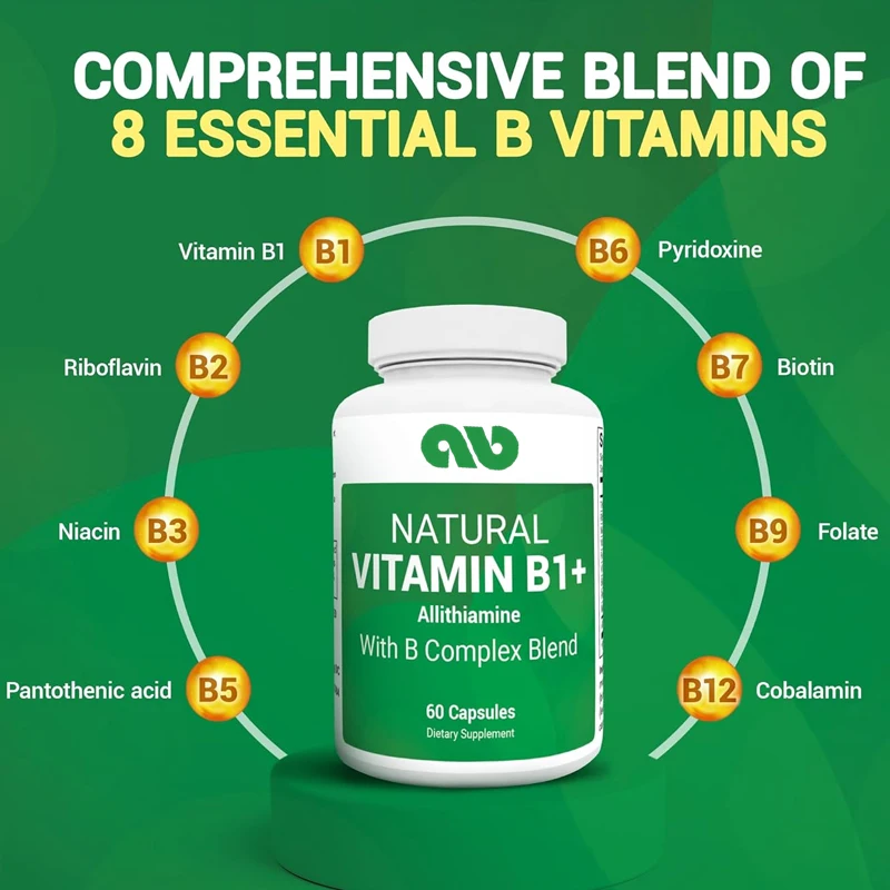 Natural Vitamin B1 B6 B12 Complex - Contains 8 essential vitamin B complexes, including thiamine, niacin, folate, magnesium, etc