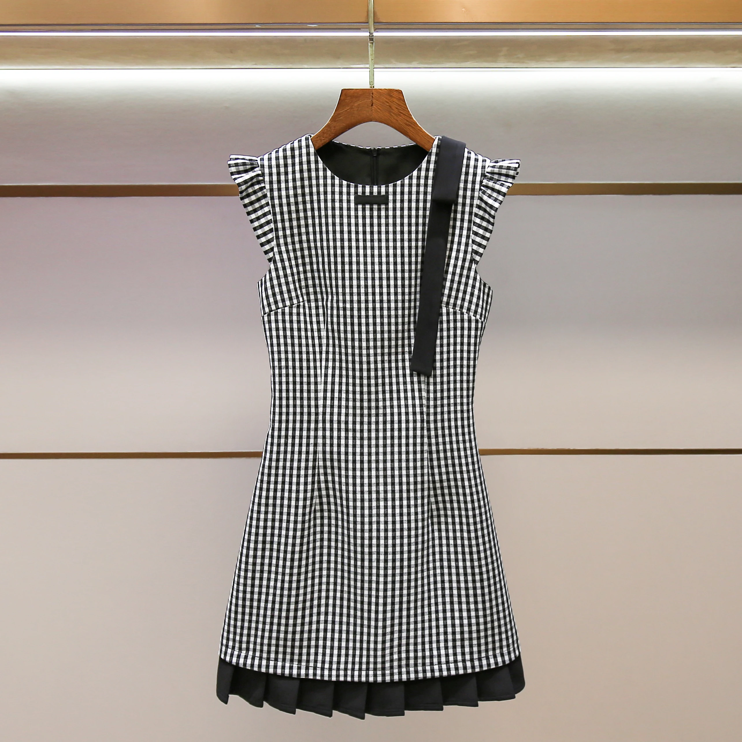 

High End Women's Bla White Plaid Knot oulder Strap Flng Sve Dr Hepburn Sle High Waist Regular Thin