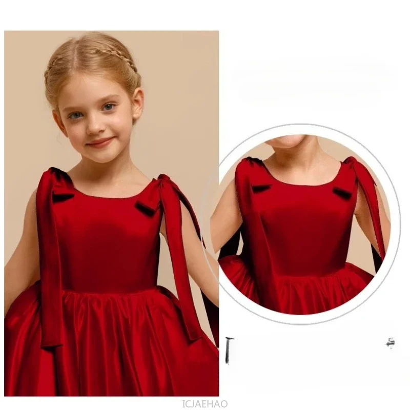

Girls Satin Short Dress Princess Party Gown Costume Piano Violin Recital Pageant Outfit Birthday Performance Children Christmas