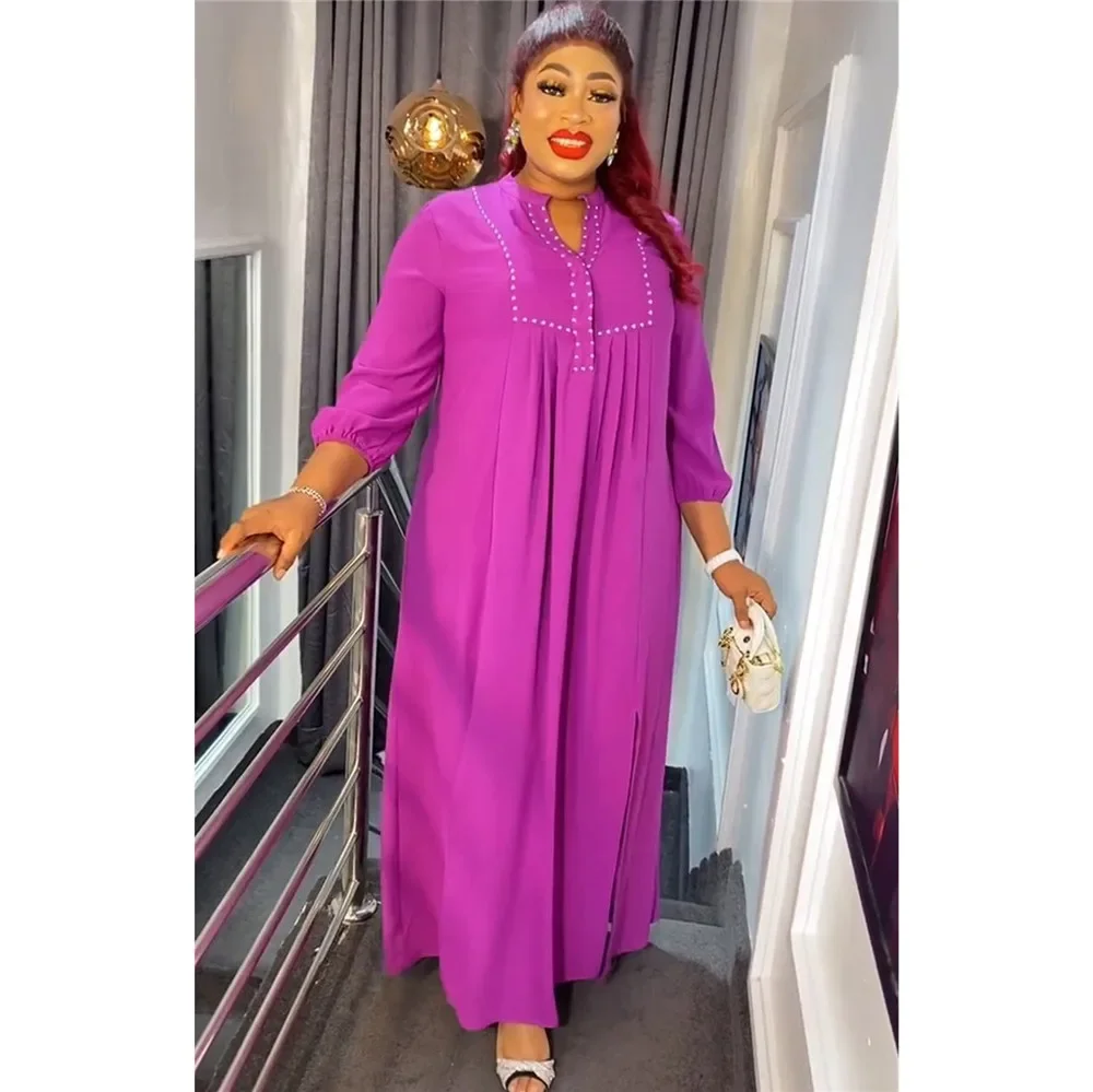 

Africa Plus-size Women's Dress Solid Color Hot Drill Middle East Muslim Long Dress Long Robe S9912
