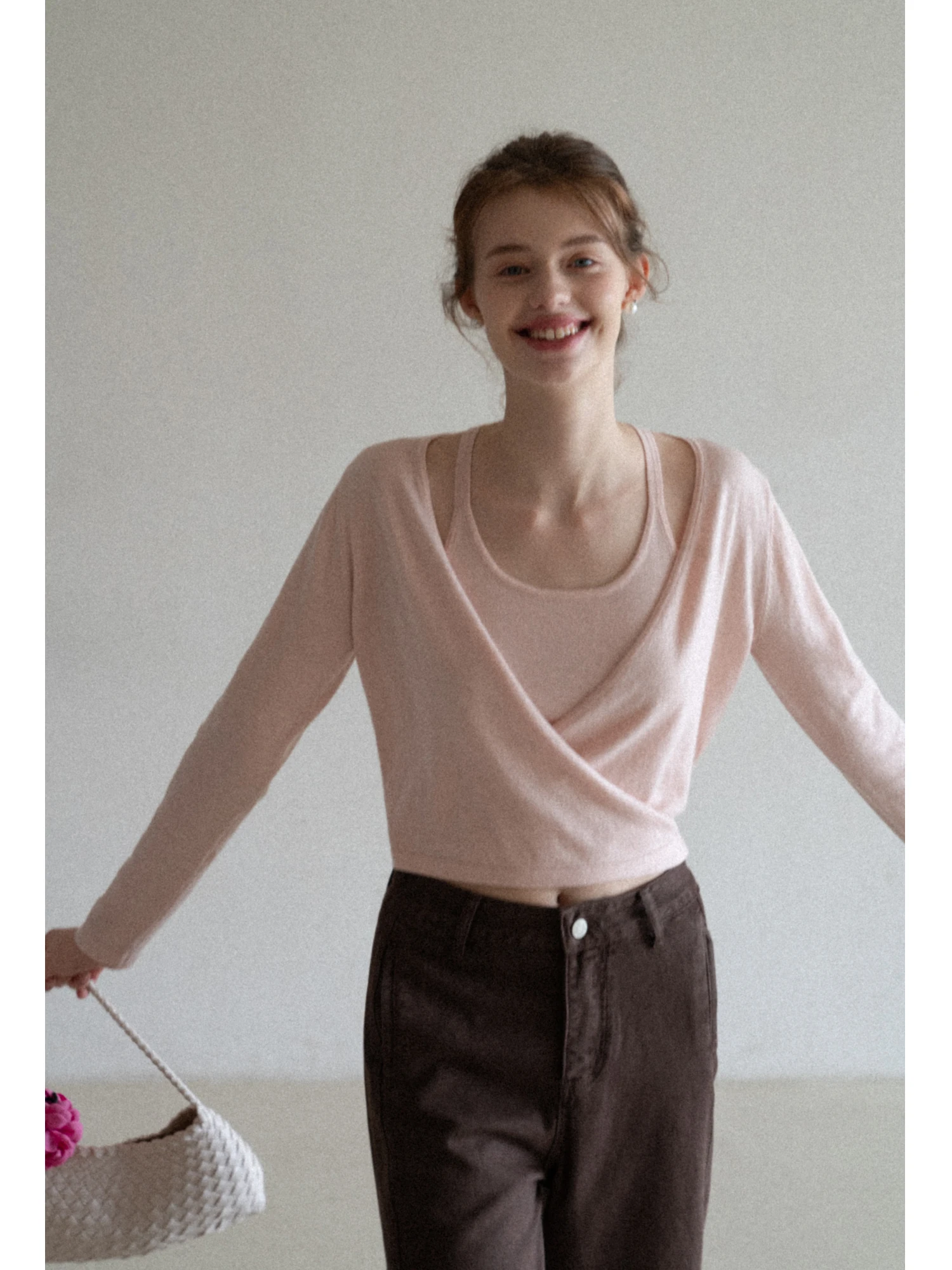 

Eggka Workwear Sle Long Sve Knitted Vest Deep V Ne Design Women's Faionable Two-Piece Set Breathable Comfortable Nylon