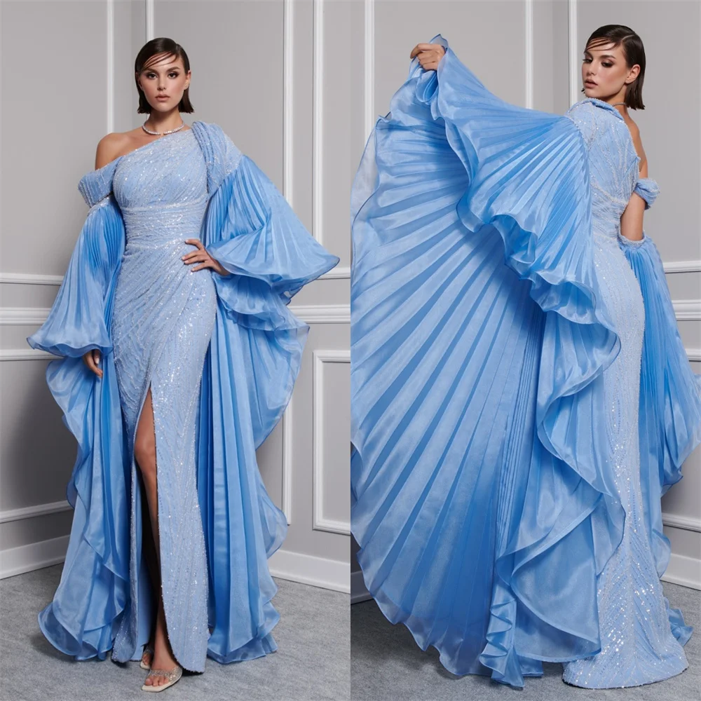 

Customized Evening Dress Formal Dearin Off-the-shoulder Column Floor Length Skirts Sequin Draped Contoured Tulle Bespoke Occasio