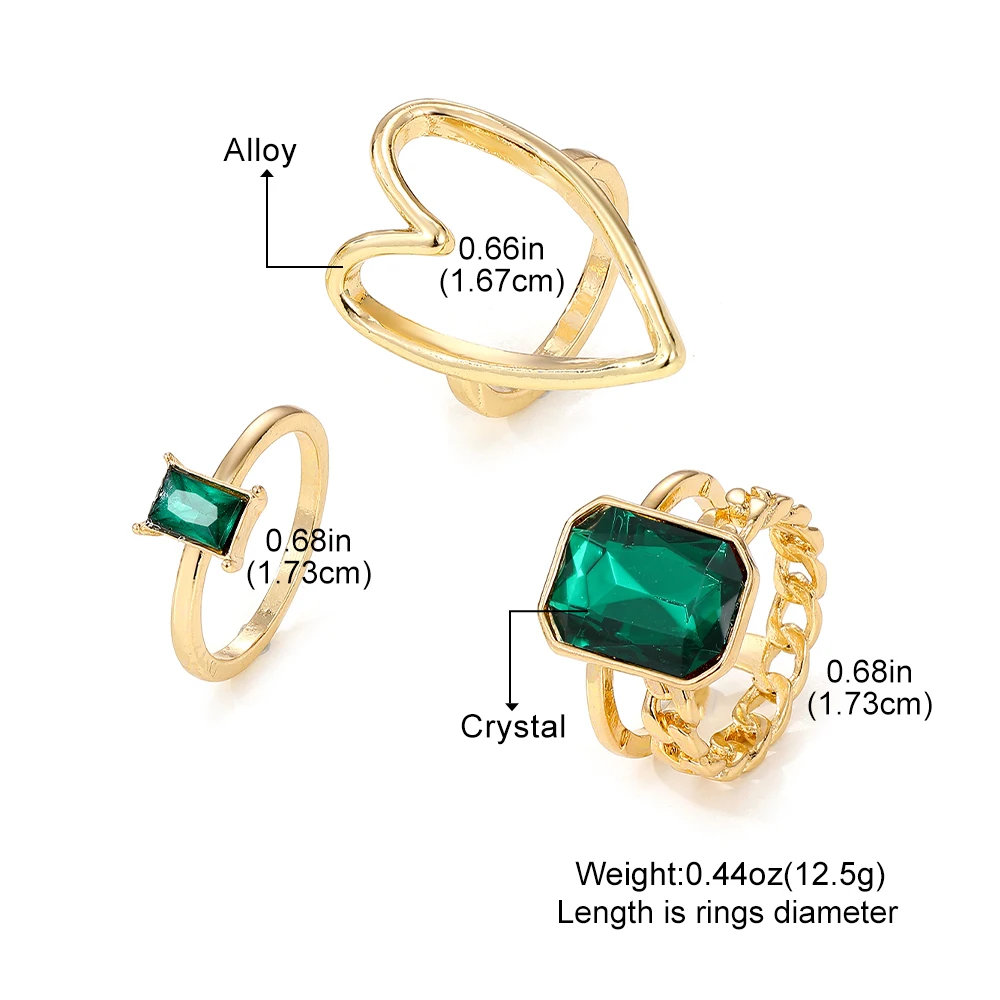 IPARAM Personalized Fashion Exaggerated Green Crystal Hollowed Heart Rings for Women Trendy Rings Set Jewelry Gifts