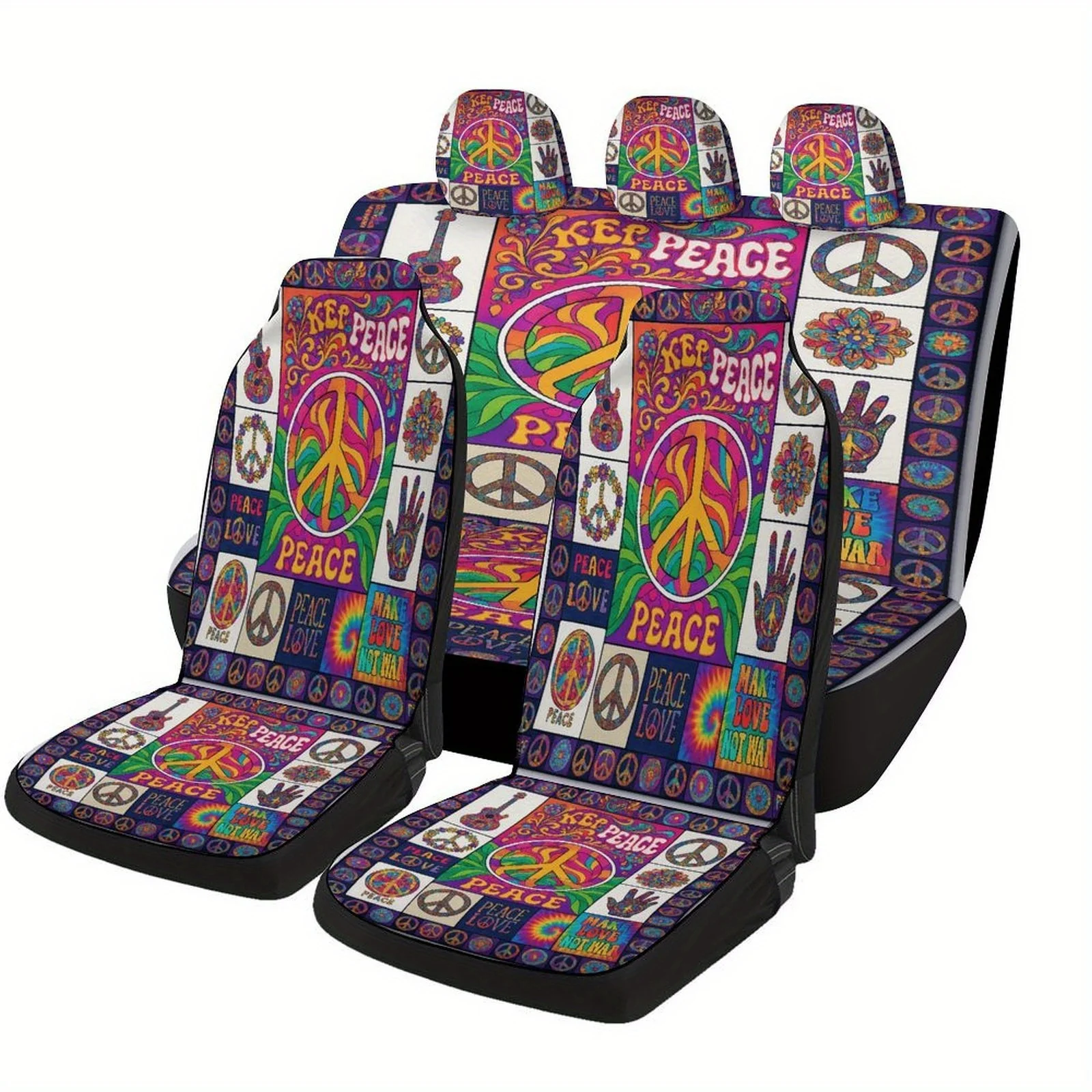 Peace Symbols Art Designed Car Seat Cover Set For Most Cars, High-quality Comfortable Car Seat Protector Covers Full Set, Univer