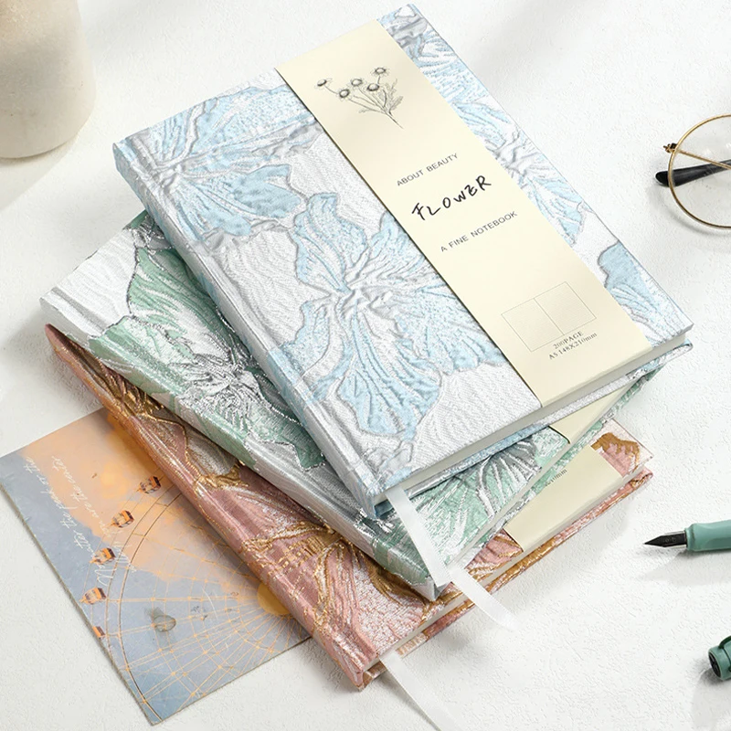 Luxury Embossed Lily Jacquard A5 Notebook Golden Glitter Floral Fabric Hardcover Full Lined Pages Daily Journal Office Notepad