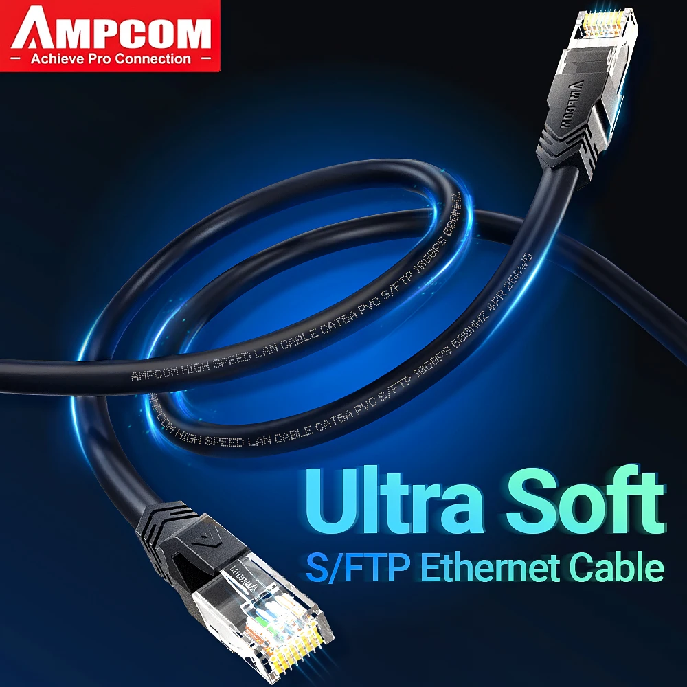 AMPCOM Ultra-Flexible Network Cable, CAT 6A Ultra-Soft 10Gbps RJ45 Cat6a Ethernet LAN Cable RJ45 High-Speed for Router Modem PC