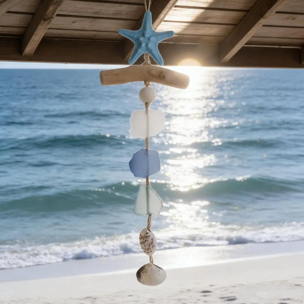 Shell Starfish Decoration Handcrafted Sea Glass Nautical Wall Decor Coastal Starfish Shells Bathroom Hanging Art Driftwood Beach