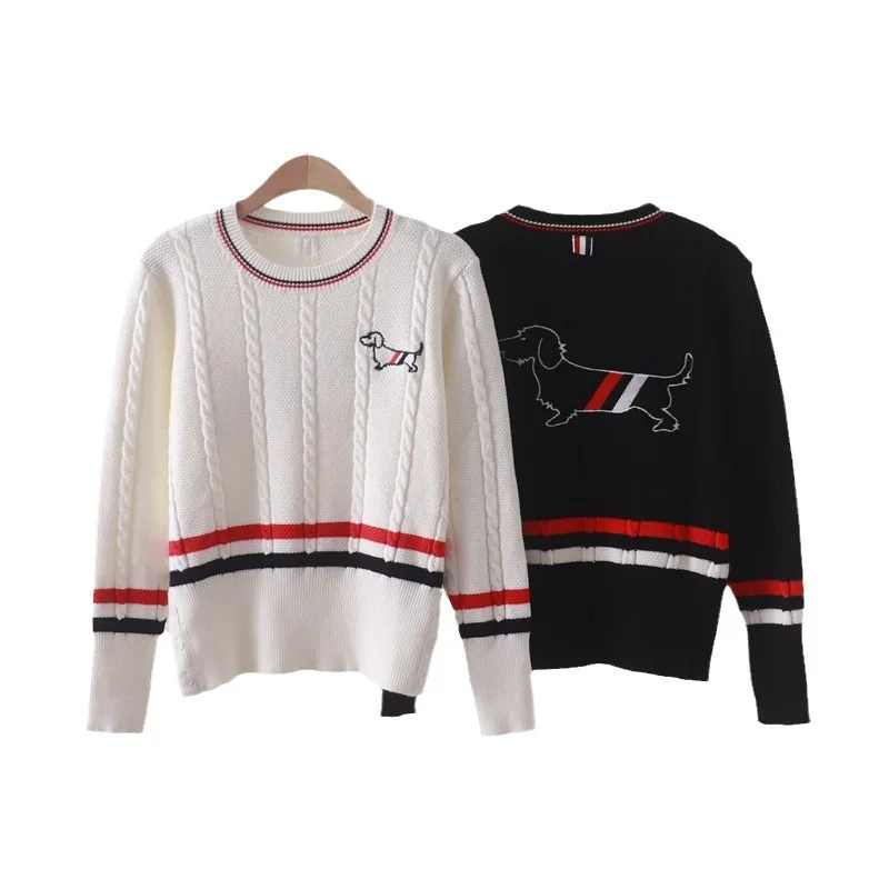 Autumn and Winter NewtbPreppy Style Contrast Color Striped Front and Rear Puppy Embroidered Long-Sleeved Sweater Outer Wear Bott