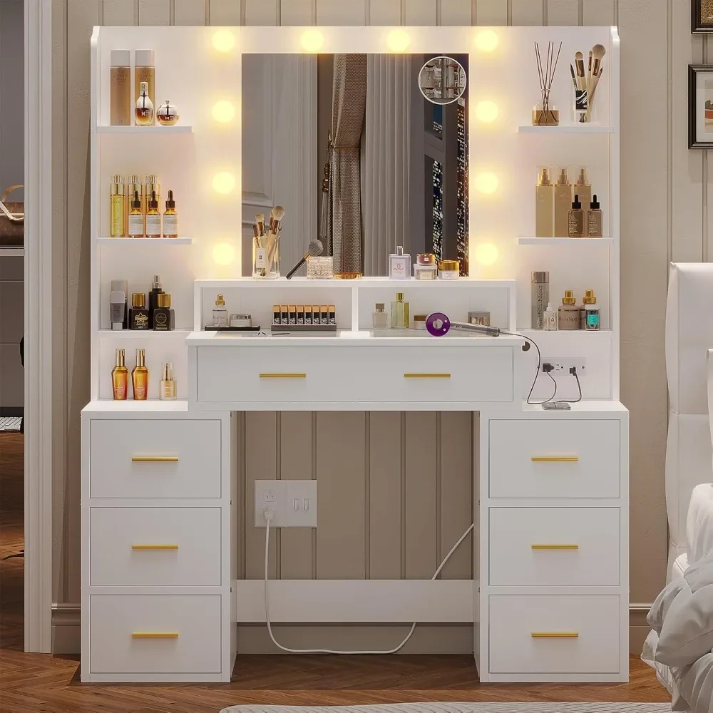 

Glass Top Vanity Desk with Mirror, Lights, Charging Station, 10x Magnifying Mirror, 8 Drawers, Acrylic Dividers