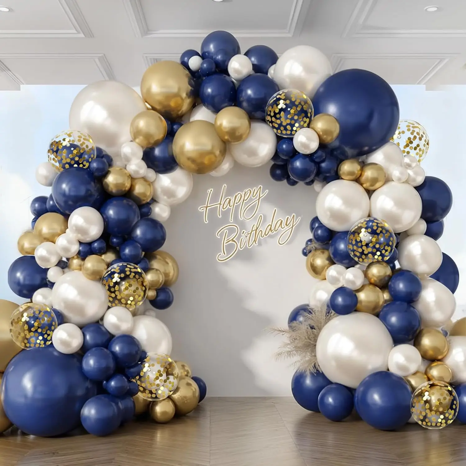 

102Pcs Navy Blue Gold White Balloons Graland Arch Kit Double Stuffed Pearl Sand White Balloons for Wedding Birthday Party Decor