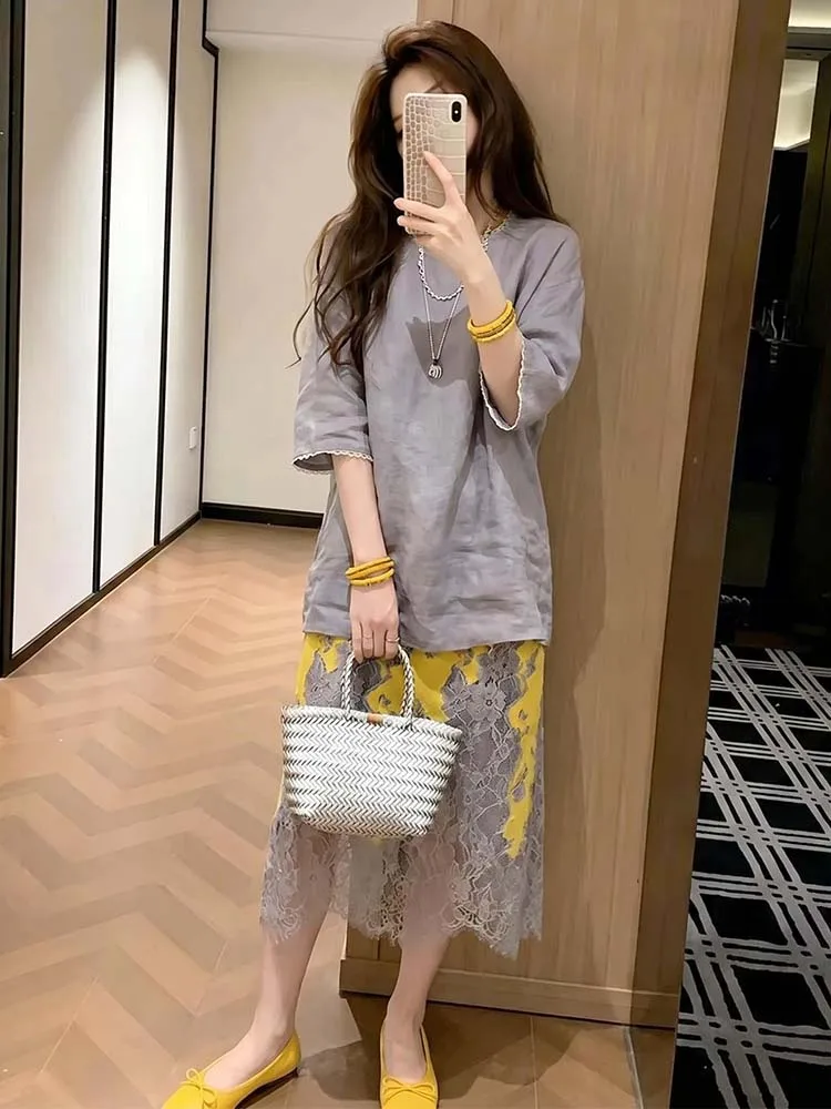 

Charming Lace Trim T-Shirt Skirt Set Women's Summer New round Neck Shoulder Casual Fashion Breathable Mid-Length Skirt