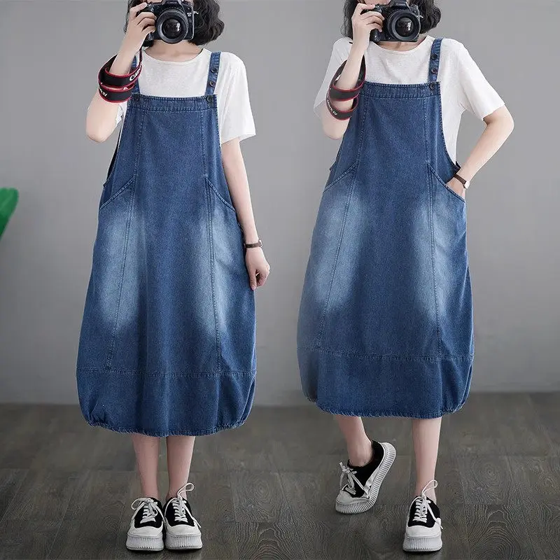 

Large Size Denim Strap Dress Women's 2024 New Loose Casual Fashion Versatile Korean Sleeveless Jeans Vestidos Female Robe Z4504