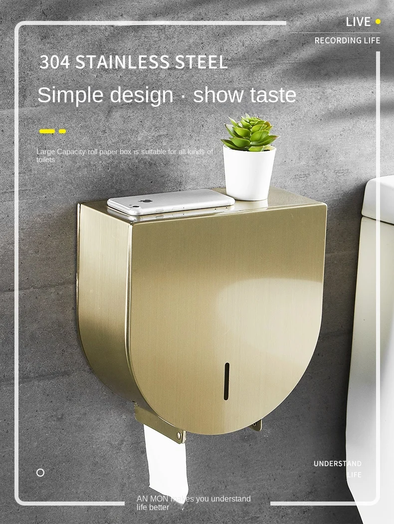Bathroom Stainless Steel Large Roll Paper Holder Toilet Paper Holder Large Roll Paper Box Tissue Holder Waterproof Large Plate