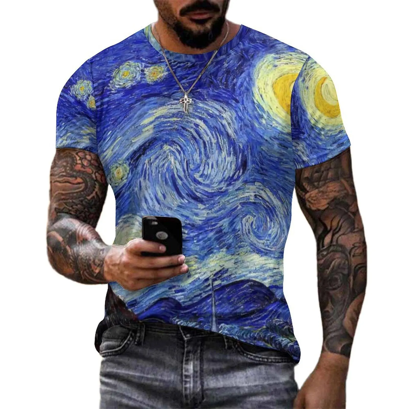 Plus Size T-Shirt Summer Van Gogh Inspired T-Shirts Classic Starry Night Casual O Neck Tshirt Men Fashion Graphic Top Tees