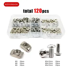 120pcs/box T Shape Hammer Block Sliding Nut Screw M3 M4 M5 Kit Set for 20 Series Aluminum Profile Extrusion Slot Window Track