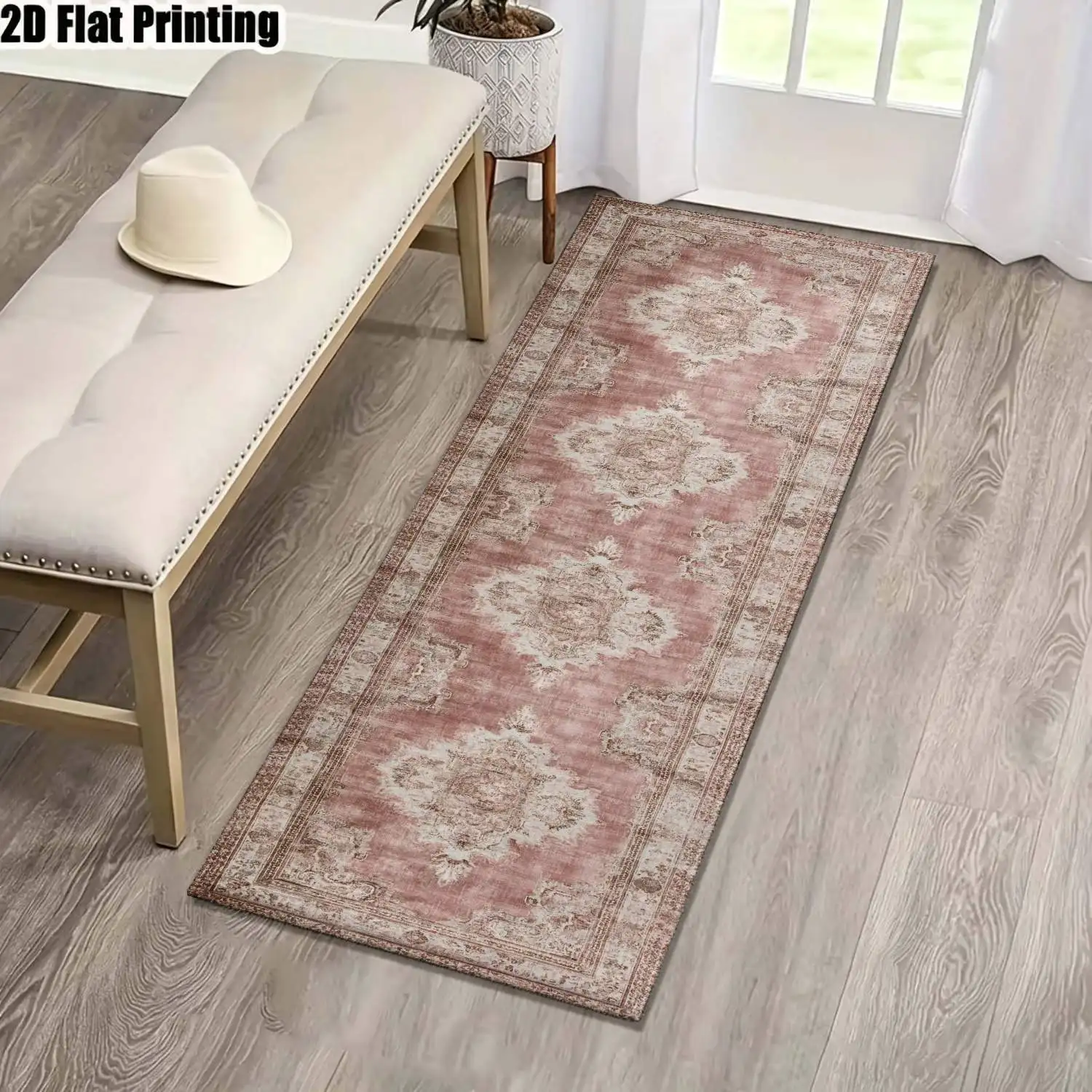1Pc 2D Printed Strip-Shaped Runner Rug: Pink Retro Floral, European/Bohemian/Floral/Geometric Styles Machine Washable, Multi-Size, Ideal for Entryway, Hallway, Living Room, Bedroom Home Decor.