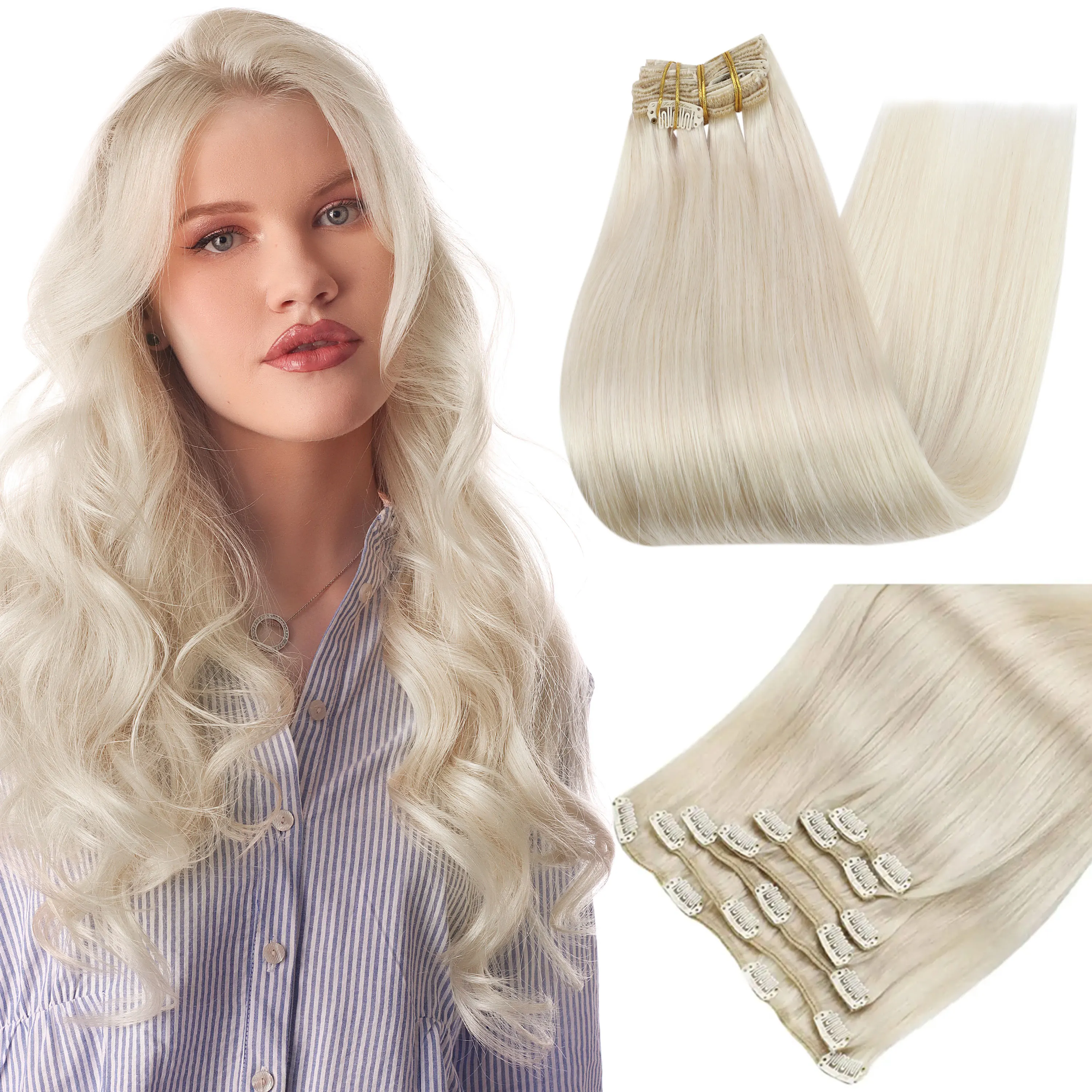 Volledige Glans Human Hair Extensions Clip in Hair Extensions Echt haar 7 STKS 105G Dubbele Inslag Hair Extensions Echt haar Voor Vrouw - afbeelding 1