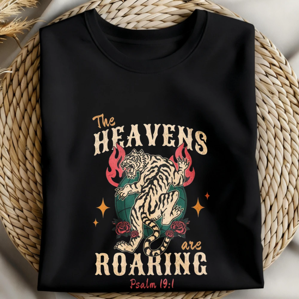 Christian Shirt Bible Verse The Heavens are Roaring  Graphic Tee Jesus Tiger Tee Faith Based Church  Retro Tops Women Cotton Tee