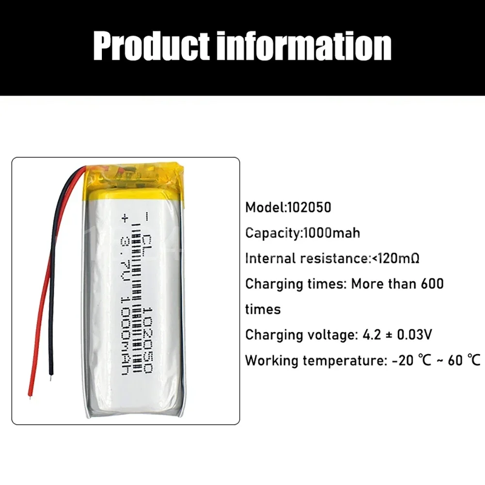 Batería recargable de polímero de litio de 3,7 V 102050   Li-Po de 1000mah para núcleo de carga de altavoz Bluetooth con pistola de acero pequeña