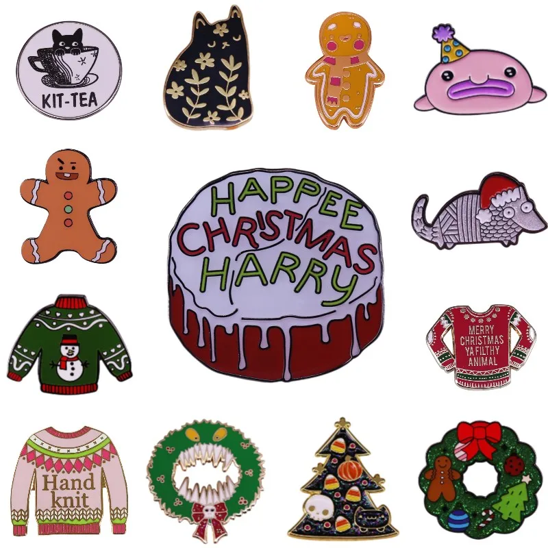 Hard Enamel Pins Christmas Tree Sweater Lapel Kawaii Cat Biscuits Brooch Unique Christmas Decoration New Year Gift for Children