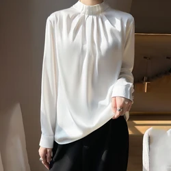 BELIARST 2024 Women's Spring Wear New Stand up Neck Top Fashion Silk Smooth Satin Long sleeved Pullover Solid Color Shirt Thin