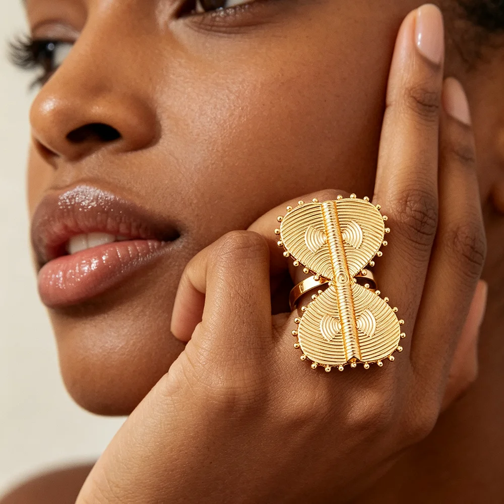 Afrikanisches Dubai Vergoldetes Doppelherz-Ohrhänger-Set & Verstellbarer Statement-Ring Schmuckset Hochzeit Party Schmuck Geschenk – Detail 3