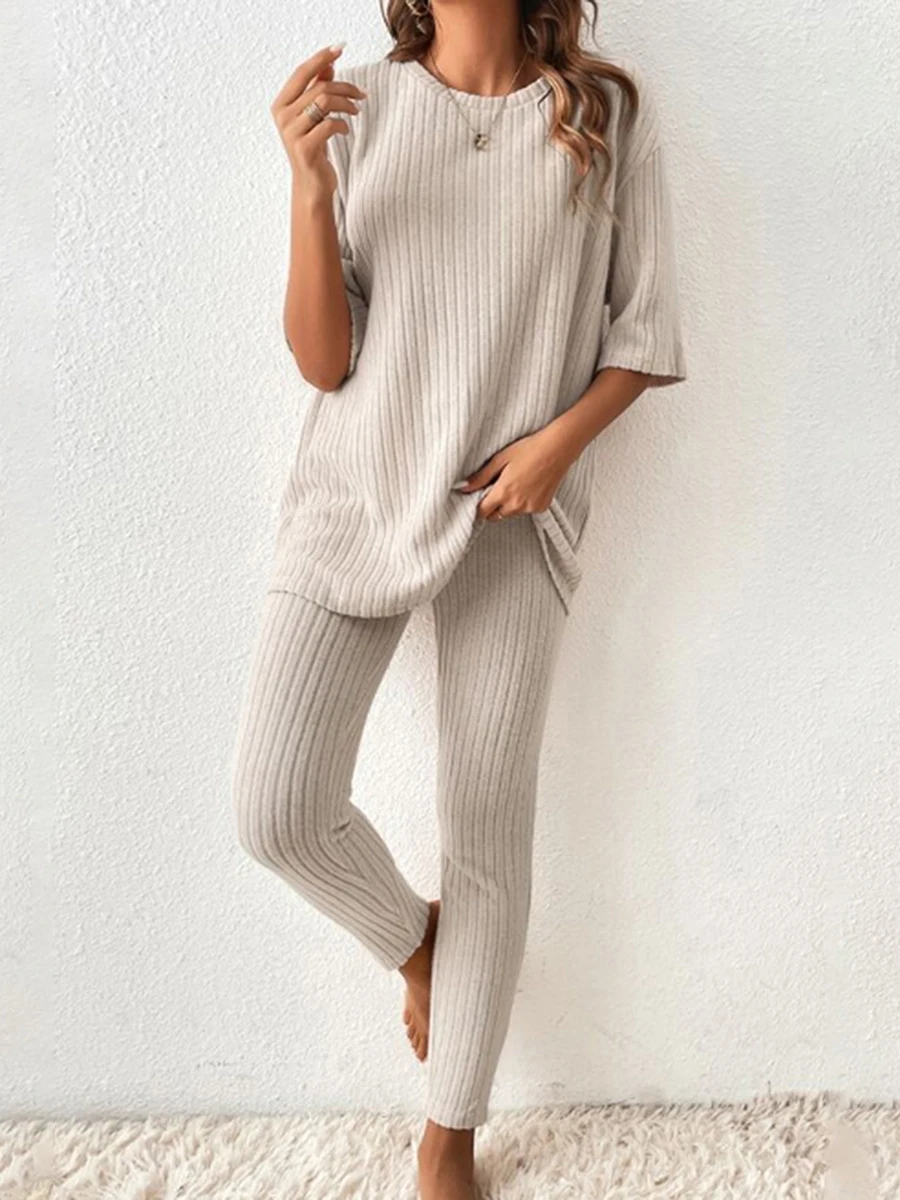 Dames 2 Delige Pyjama Set Vrijetijdsstijl Geribbelde Korte Mouw Ronde Hals Tops Effen Kleur Skinny Lange Broek Nachtkleding Loungewear