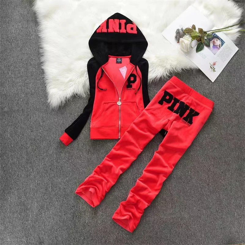 PINK Velvet Tracksuit Set 2024 Spring Autumn Hoodie and Embroidered Letter Pants 2 Piece Sets Women Outfit ﻿