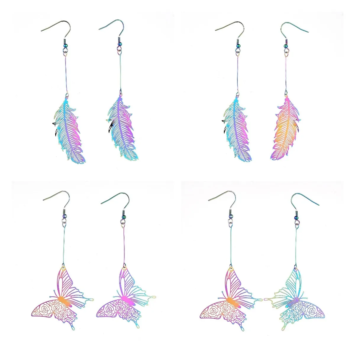 Kissitty 2 Pairs Rainbow Multi-color Etched Metal Embellishments Stainless Steel Dangle Earrings Jewelry Finding Gift