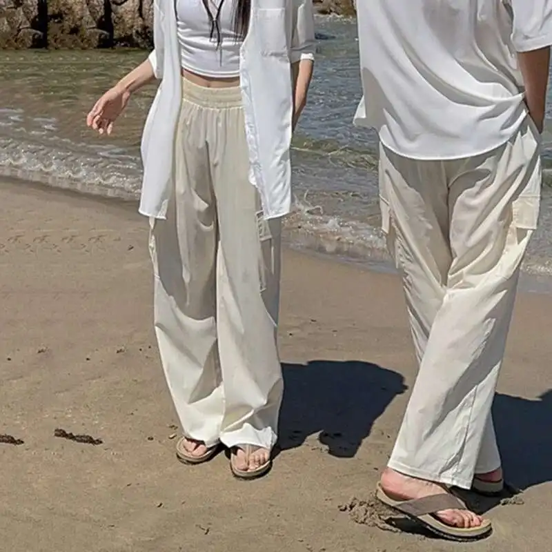 Pantaloni cargo da uomo in vita elastica tinta unita tasca grande laterale abbigliamento da uomo casual pantaloni larghi da uomo a gamba larga Cleanfit P020
