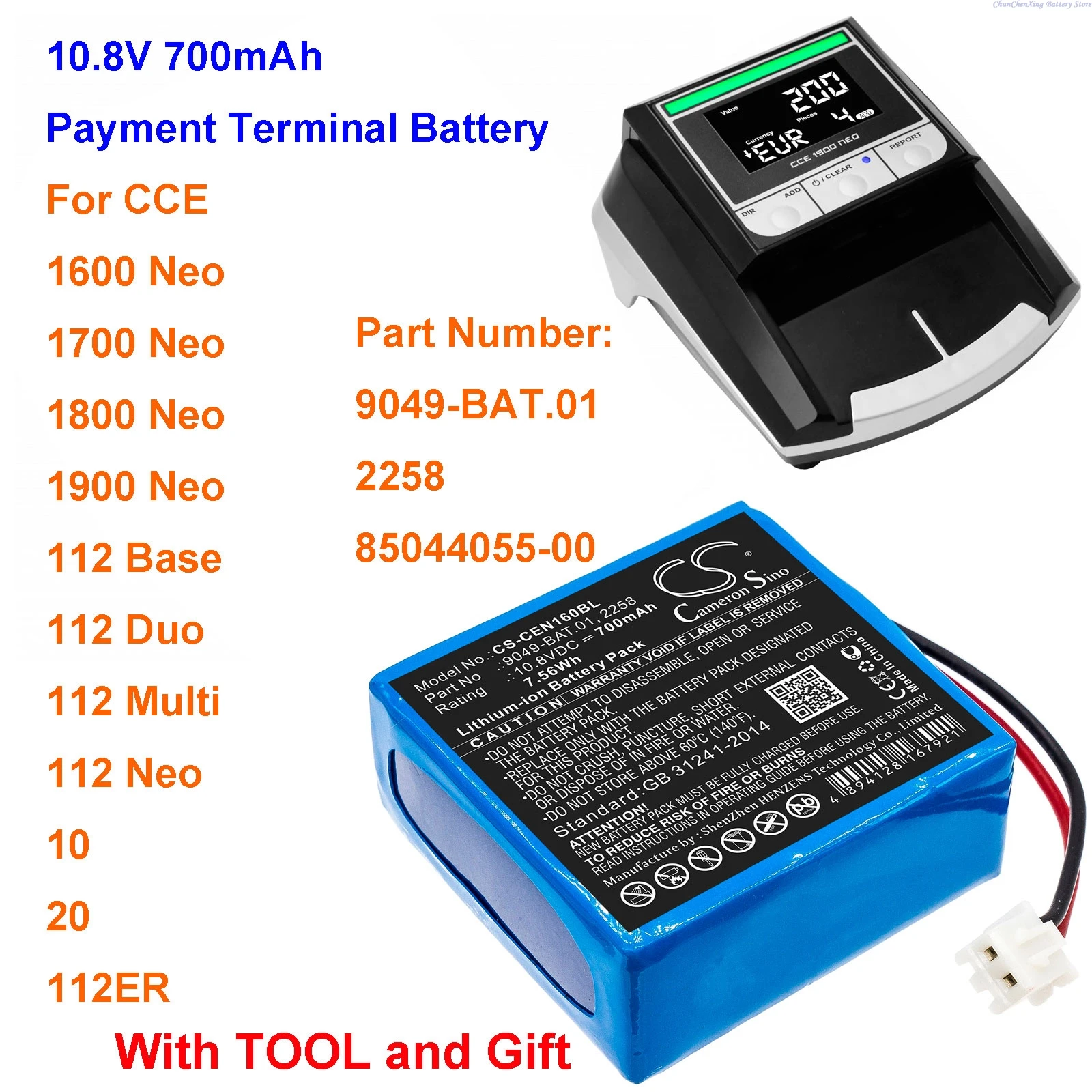 CS 10.8V 700mAh Payment Terminal Battery 9049-BAT.01 for CCE 1600 Neo,1700,1800,1900,112 Base,112 Duo,Multi,112ER,112 Neo  +TOOL