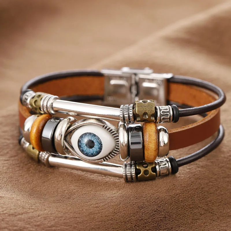 Evil Eye Fatima Hand Charm Bracelets for Women Men Genuine Leather Bracelet Turkish Blue Eye Wristband Lucky Hand Jewelry Gifts