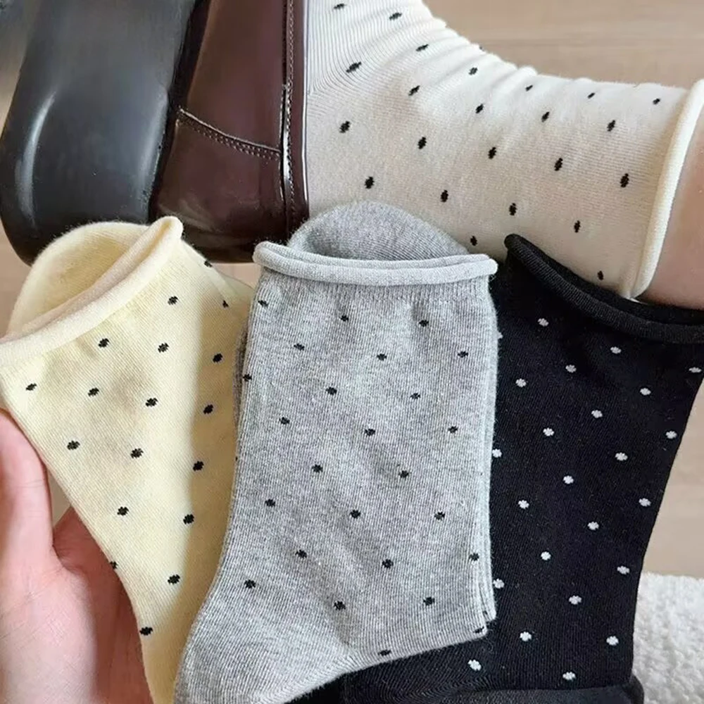 6 Pairs Women's Socks Curled Edges Cuffs Cotton Solid Color Japanese Polka Dots Soft Breathable Mid Tube Sweet INS Loose Socks