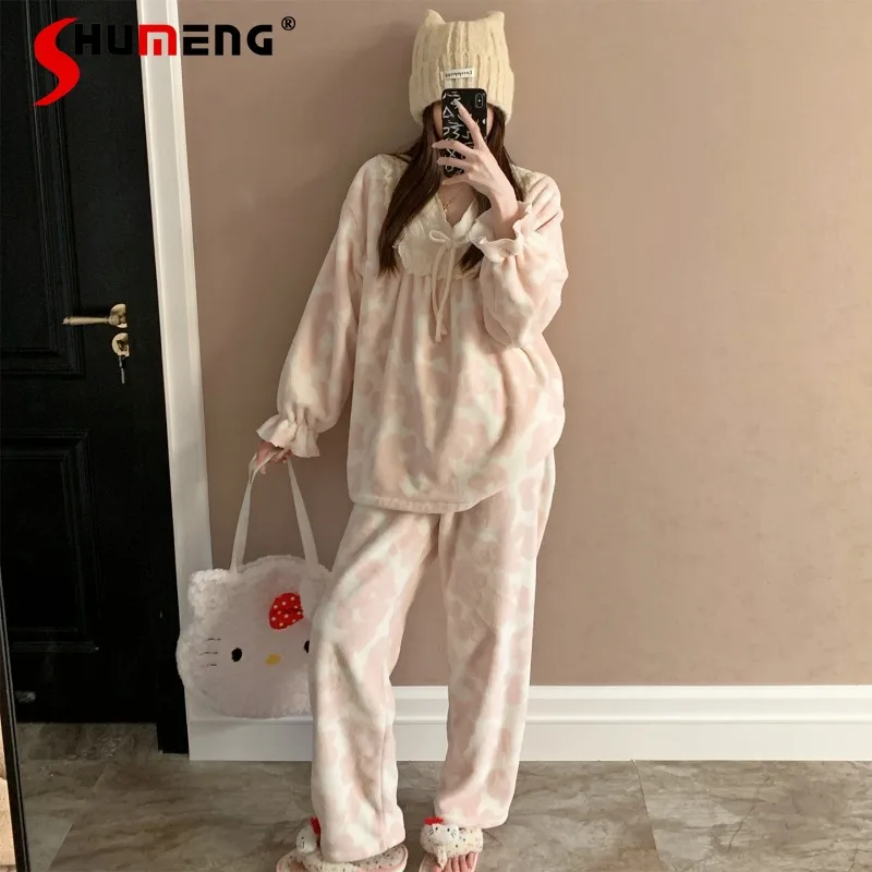 

Women's New Blue Floral Fleece Pajamas Thickened V Neck Lace Warm Homewear Set Female Japanese Style Sweet Loungewear Suits