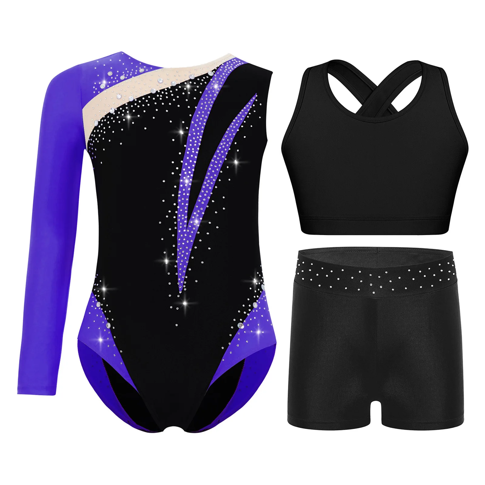 

Kids Girls Gymnastics Figure Skating Dance Outfit Shiny Rhinestones Color Block Leotard Bodysuit+Vest Crop Top+Shorts Ballerina