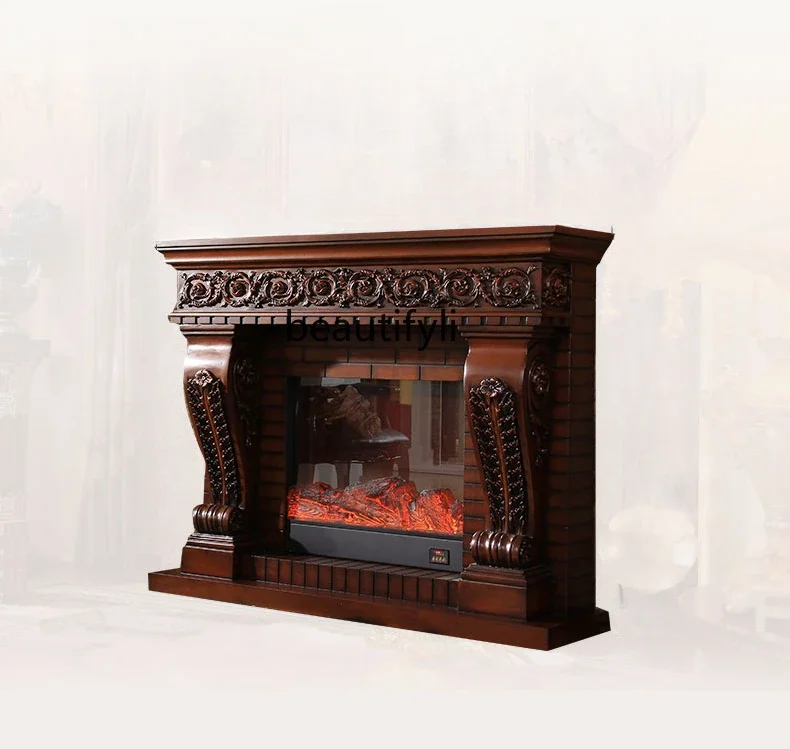 

French Retro Simulation Flame Heating Electronic Fireplace Curio Cabinet European Style Antique Style Fireplace Mantel