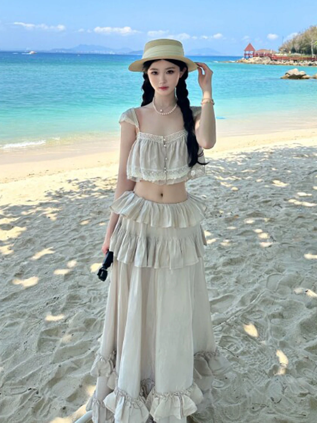 

Gentle Wind Beautiful Two-Piece Set Short Sleeve Strap Dress Comfortable High Waist Skirt Fashionable Summer Outfit for Women
