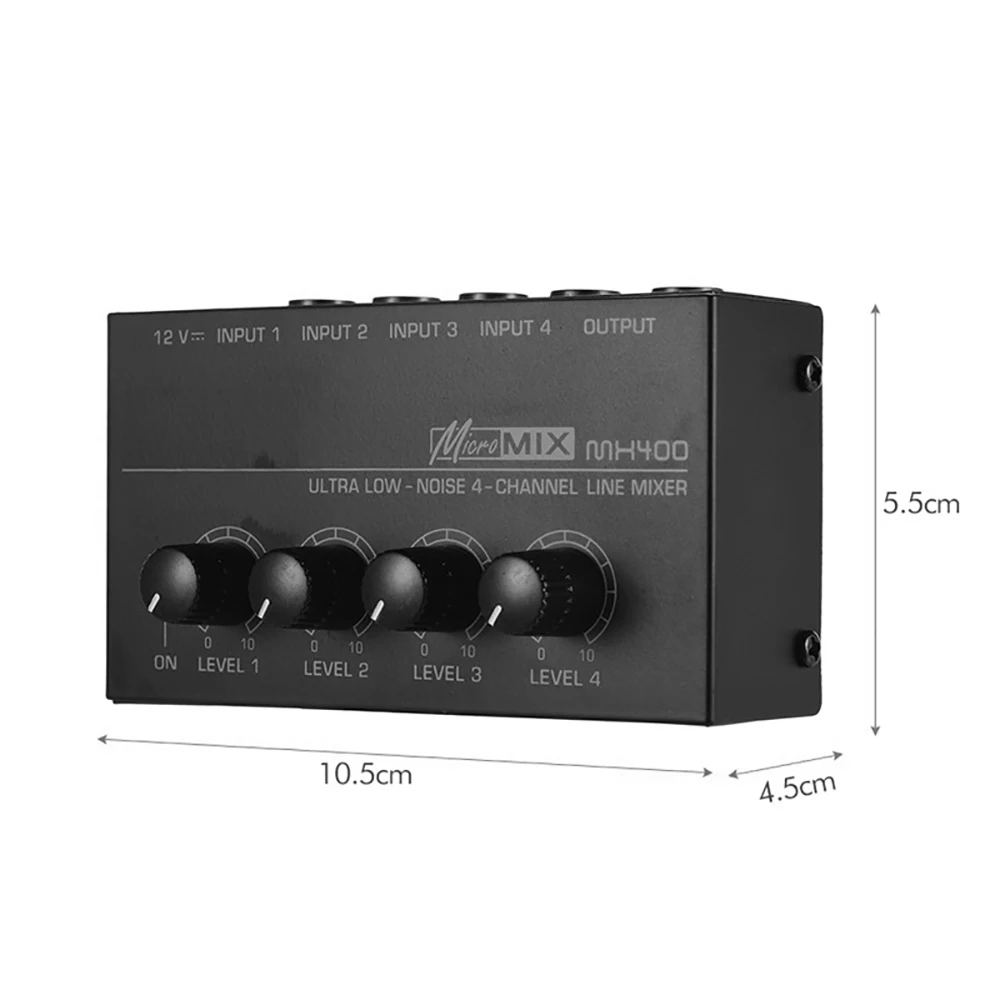 4 Channel Mini Sound Mixer Line Mixer DC 12V Easy Operation Audio Mixer Ultra Low Noise 4 Input 1 Output with Power Adapter