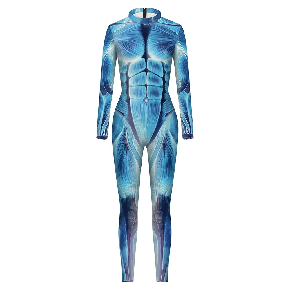 Costume de cosplay de squelette imprimé en 3D pour hommes et femmes, combinaison de corps humain, muscle, crâne, modules, Halloween