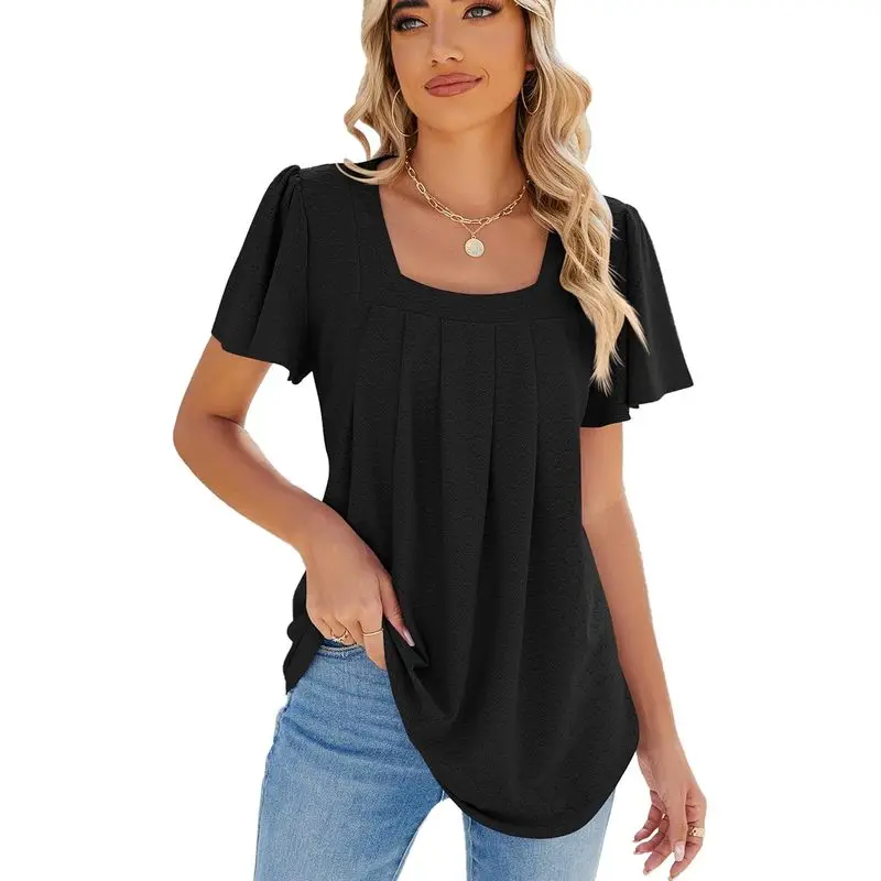 Famulily Summer Hollow Shirts Women's UK, Ruffle Short Sleeve Tshirts Fashion Square Neck Loose Blouses Tops