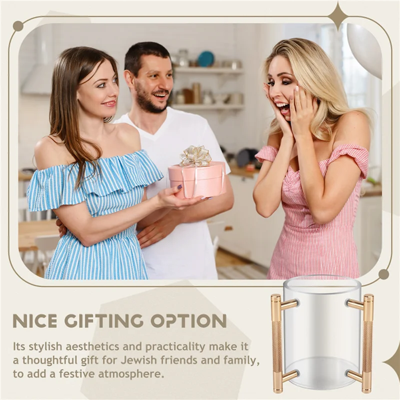 손 세척 컵 아크릴 원형 세척 컵 두 개의 금속 손잡이가 있는 유대교 기도용 세척 컵 선물