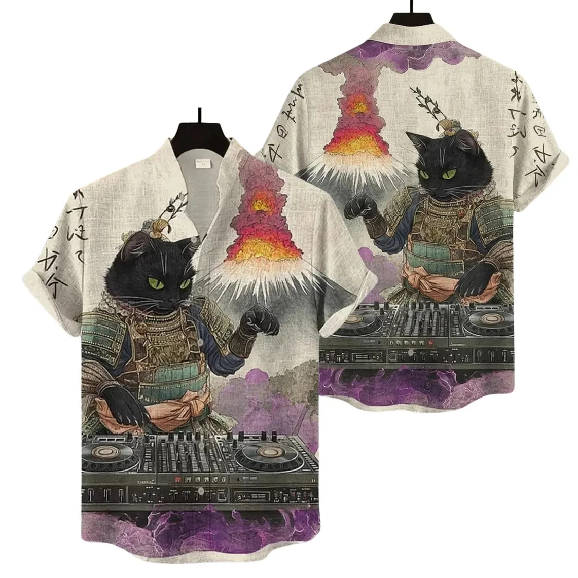 

Mens Japanese Samurai Black Cat 3d Print Shirt Traditional Ukiyo E Art Short Sleeve Button Up Casual Shirt Blouses For Street