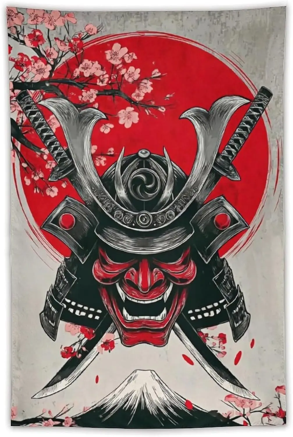 Japanese Samurai Mask Tapestry, Red Sun, Cherry Blossoms & Mt.Fuji, Traditional Wall Hanging for Bedroom & Living Room