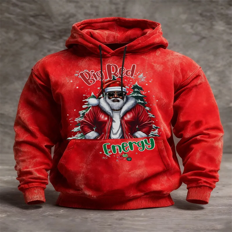 Men Christmas Hoodie Big Red Energy Black Santa Claus Print Vintage Washed Red Pullover Hooded Sweatshirt Holiday Streetwear Top