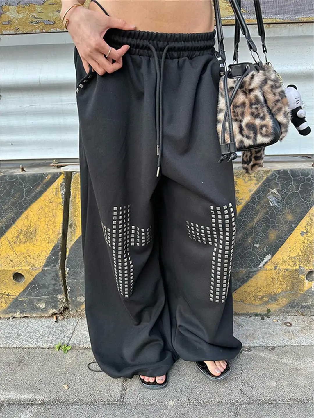 

Casual Loose Cross Wide Leg Pants ex Bla Rhinestone Cross Straight Leg Trousers for Men And Women Trendy Streetwear