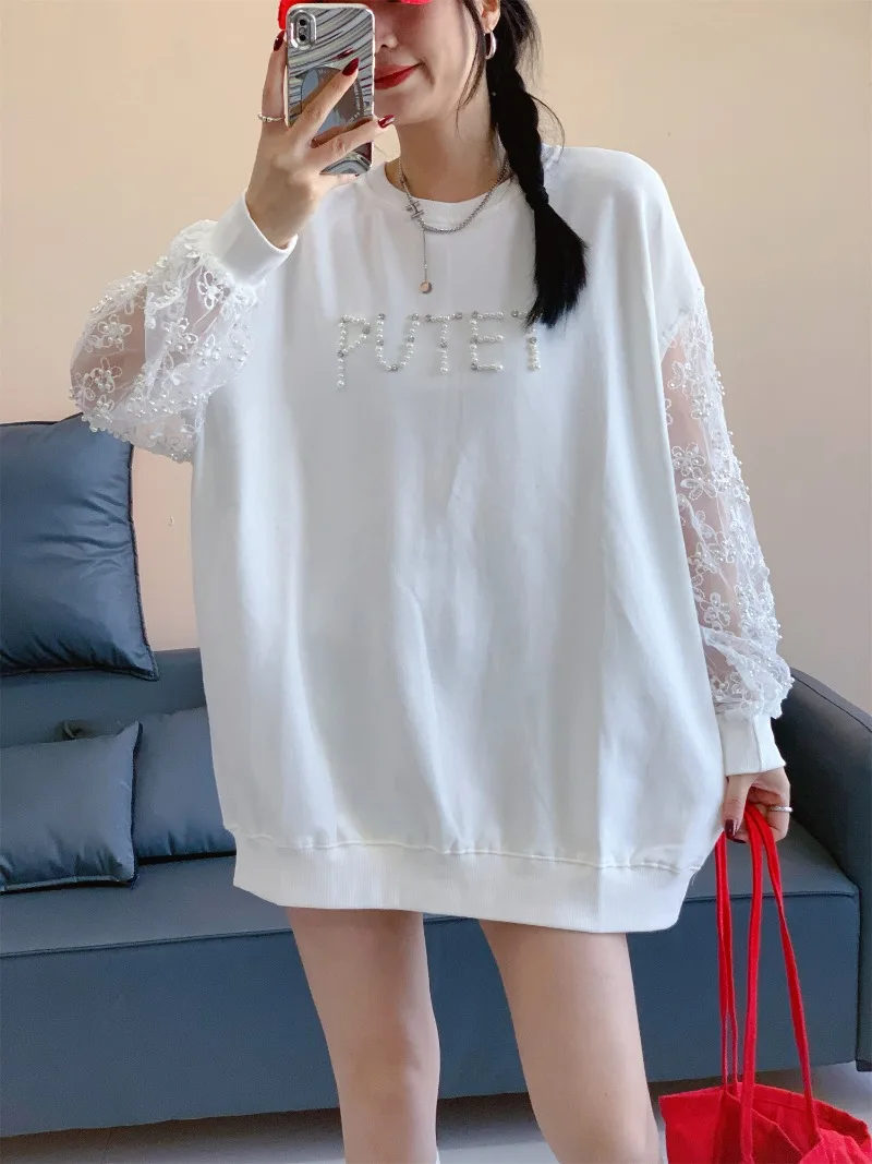 Korean Style Heavy Industry Beaded High-End Mesh Casual Top Spring and Autumn New O-Neck Sweatshirt For Women's Kawaii Hoodies