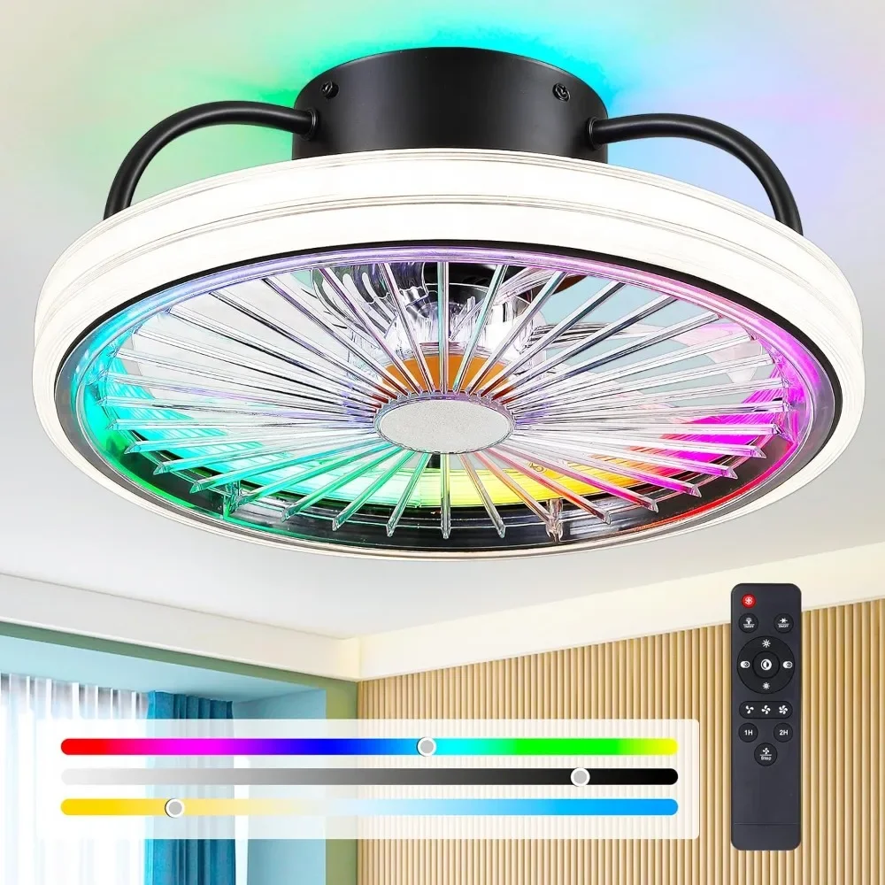 

Ceiling Fan, Low Profile Ceilings Fan with Light - Modern Flush Mount Fan,15" RGB Dimmable LED Enclosed, Ceiling Fans