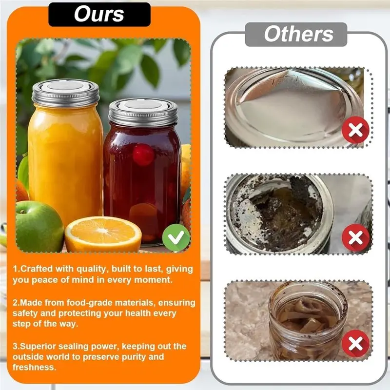 Metal Canning Lids Leak Proof, 2PCS Stainless Steel Wide Mouth Mason Jar Lids With Rings Reusable Timer Cap