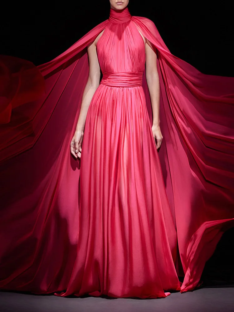 

2025 Newest Women Celebrity Sexy Sleeveless Halter Ruched Red Gowns Dress Elegant Evening Party Club Vestido